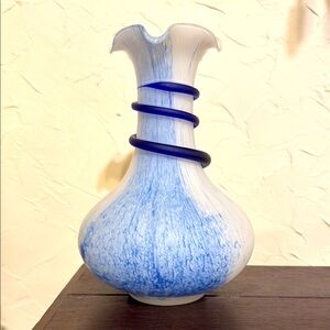Murano Glass Ware Crystal Clear Made in Italy, White and Blue Art Glass Vase